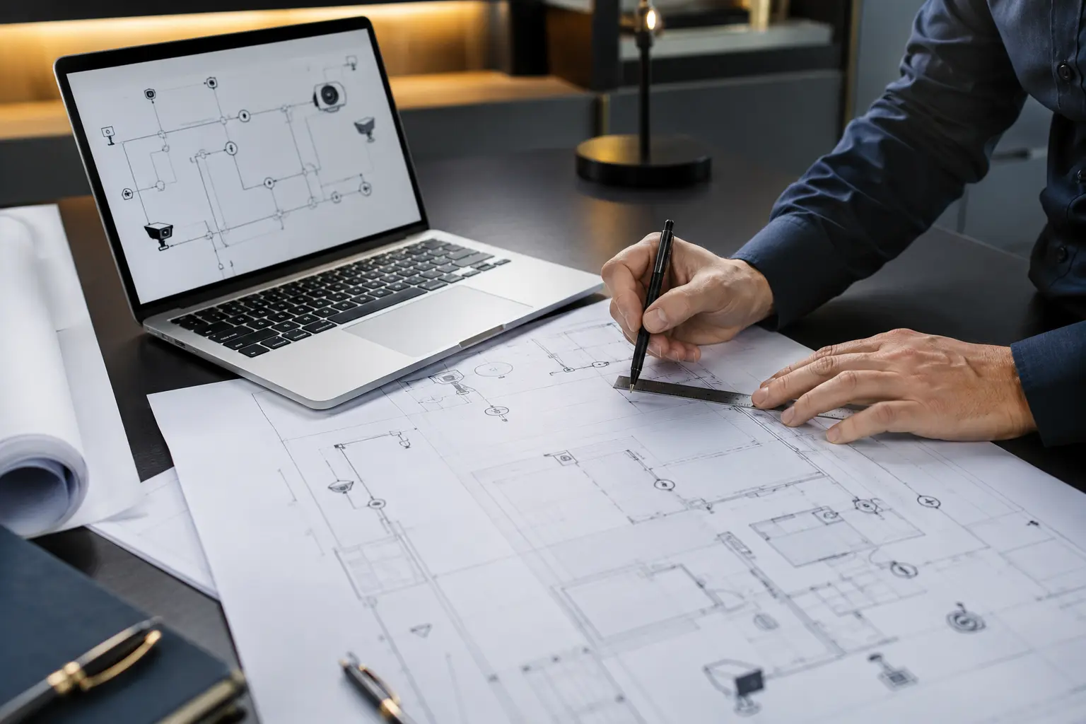 Profissional analisando planta técnica e diagrama de um projeto de segurança eletrônica