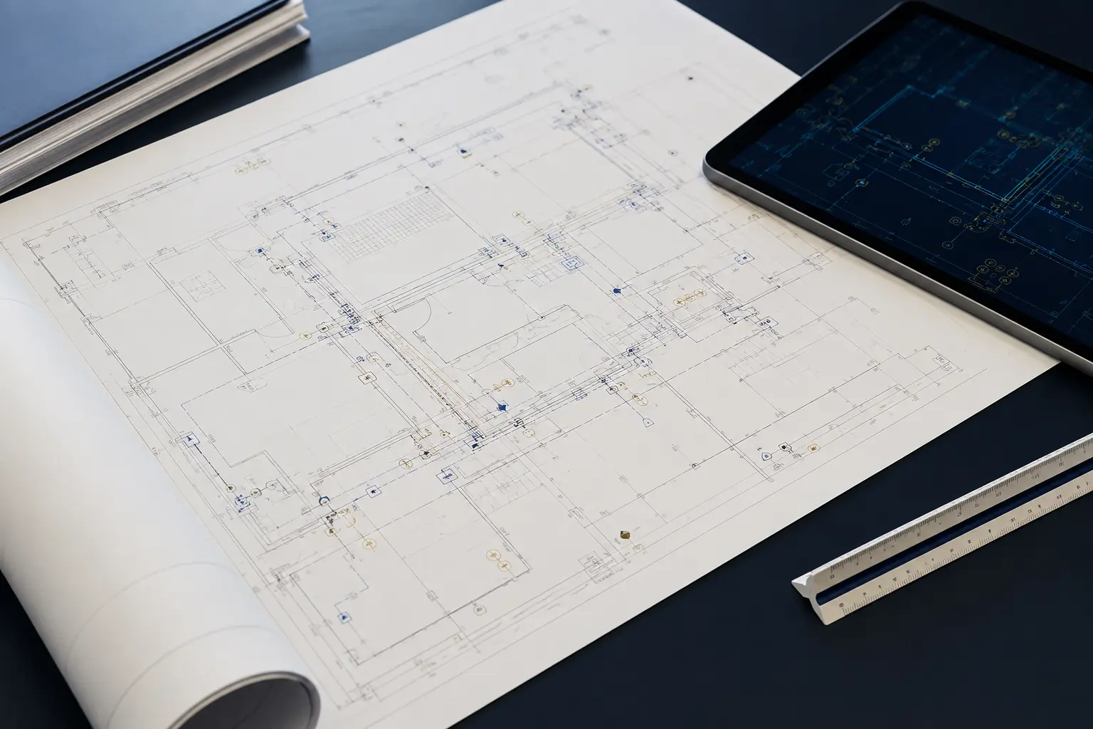 Planta executiva de segurança eletrônica com detalhamento técnico e desenho em CAD