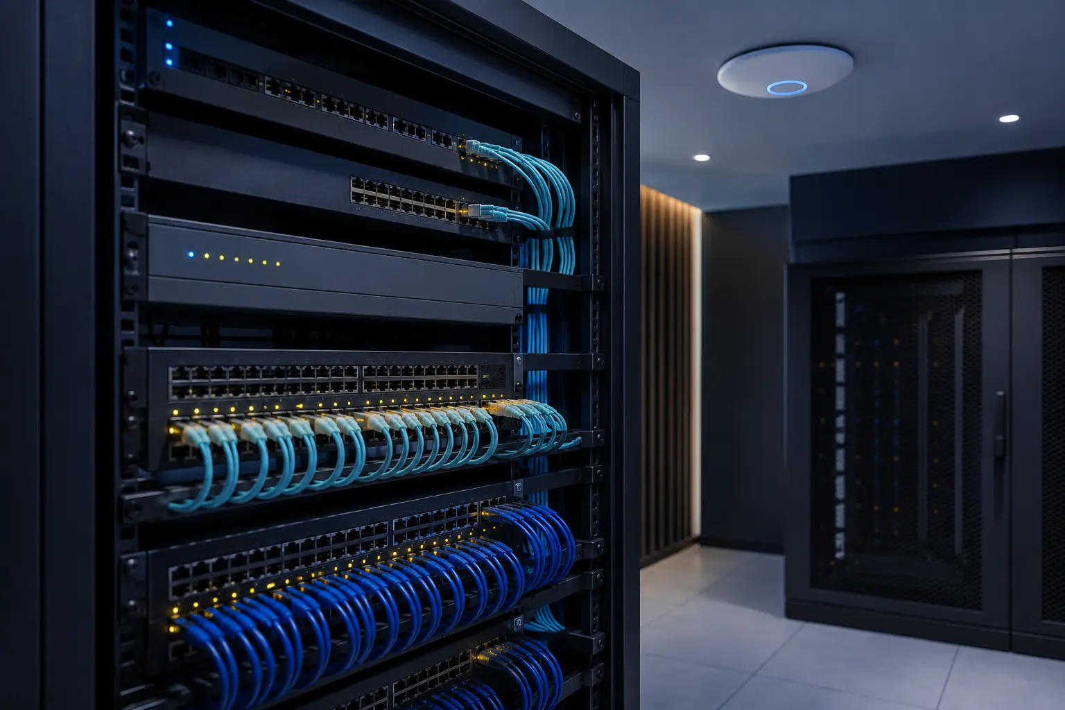 Rack de rede organizado com switches, fibra óptica e infraestrutura para Wi-Fi corporativo