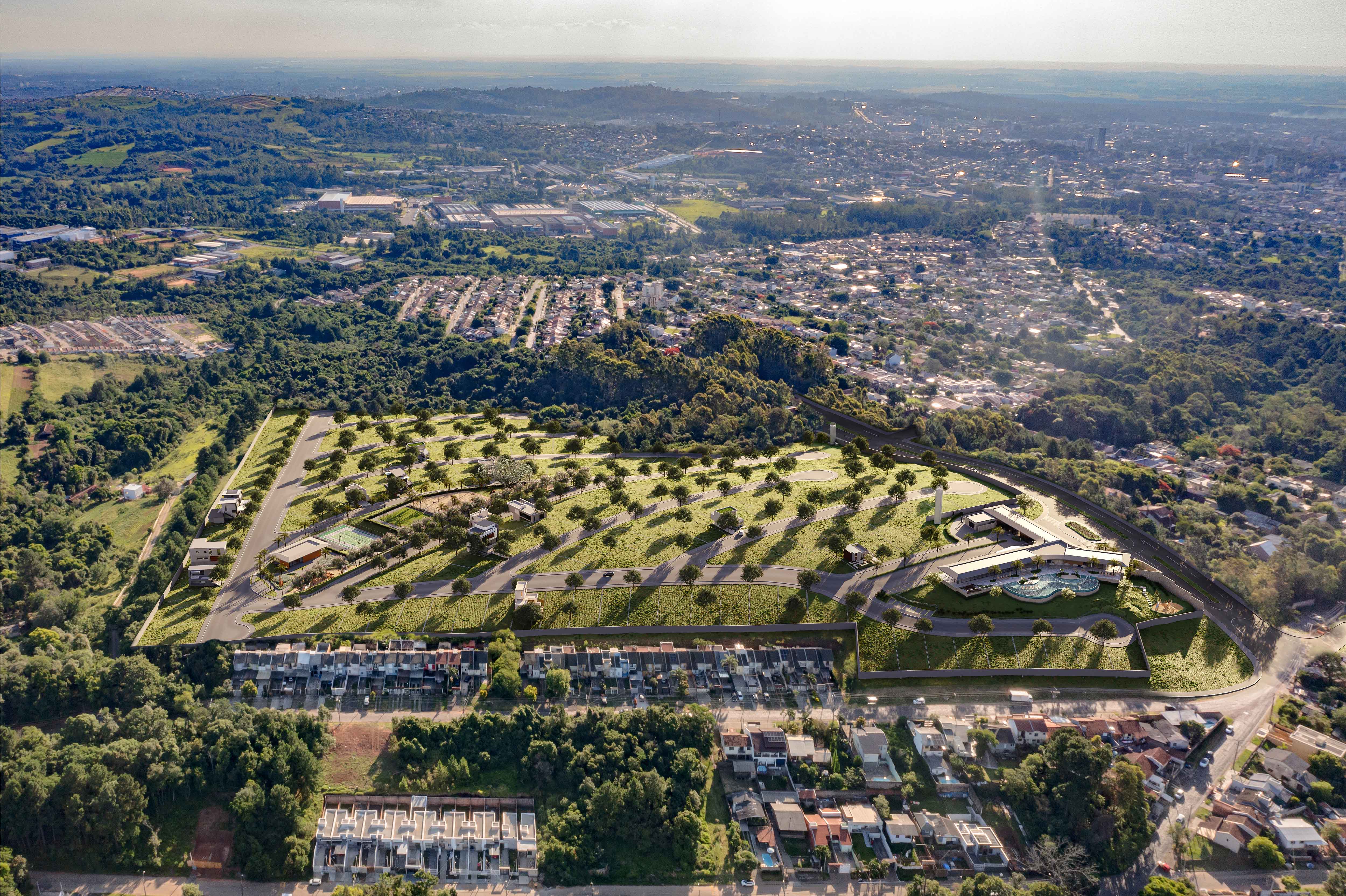 Vista aérea do Condomínio Vista em São Leopoldo, empreendimento com consultoria e projeto executivo de segurança eletrônica da KLT